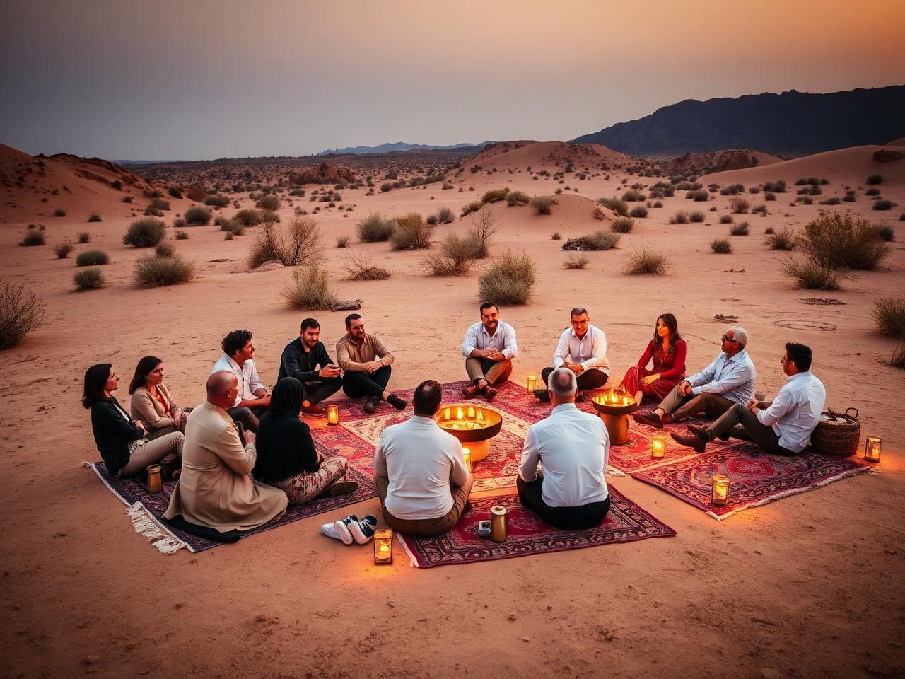 Corporate team seated around a desert camp fire circle at dusk