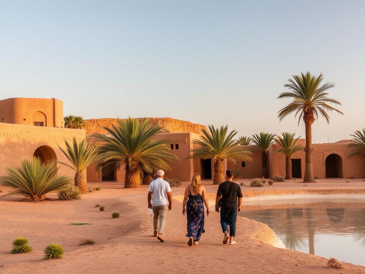 Travellers walking through a palm oasis in Siwa, Egypt at golden hour